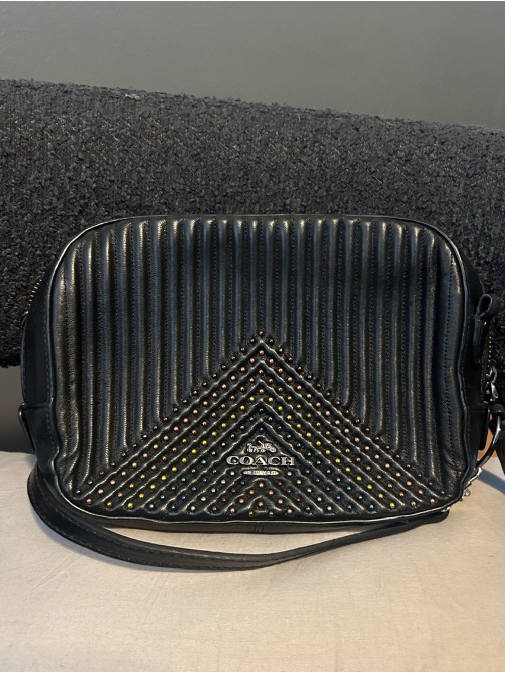 Coach Quilted Rainbow Studded Black Leather Camera Crossbody Bag with Tassel GUC
